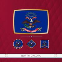 Set of North Dakota flags with gold frame for use at sporting events on a burgundy abstract background. vector