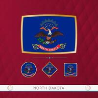 Set of North Dakota flags with gold frame for use at sporting events on a burgundy abstract background. vector