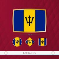 Set of Barbados flags with gold frame for use at sporting events on a burgundy abstract background. vector