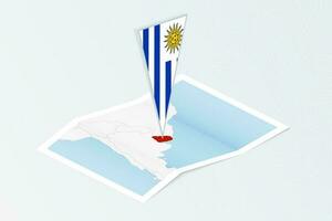 Isometric paper map of Uruguay with triangular flag of Uruguay in isometric style. Map on topographic background. vector