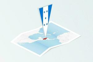 Isometric paper map of Honduras with triangular flag of Honduras in isometric style. Map on topographic background. vector