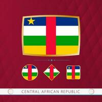 Set of Central African Republic flags with gold frame for use at sporting events on a burgundy abstract background. vector