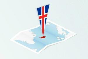 Isometric paper map of Iceland with triangular flag of Iceland in isometric style. Map on topographic background. vector