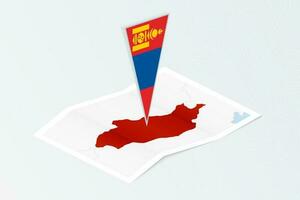 Isometric paper map of Mongolia with triangular flag of Mongolia in isometric style. Map on topographic background. vector