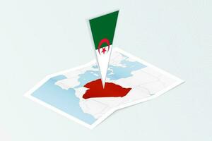 Isometric paper map of Algeria with triangular flag of Algeria in isometric style. Map on topographic background. vector