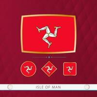 Set of Isle of Man flags with gold frame for use at sporting events on a burgundy abstract background. vector