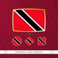 Set of Trinidad and Tobago flags with gold frame for use at sporting events on a burgundy abstract background. vector