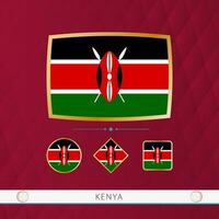 Set of Kenya flags with gold frame for use at sporting events on a burgundy abstract background. vector