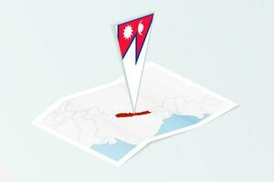 Isometric paper map of Nepal with triangular flag of Nepal in isometric style. Map on topographic background. vector