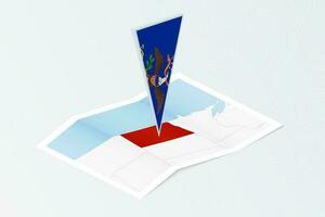 Isometric paper map of North Dakota with triangular flag of North Dakota in isometric style. Map on topographic background. vector