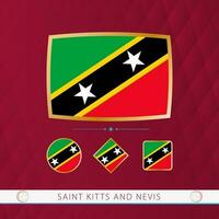 Set of Saint Kitts and Nevis flags with gold frame for use at sporting events on a burgundy abstract background. vector