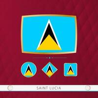 Set of Saint Lucia flags with gold frame for use at sporting events on a burgundy abstract background. vector