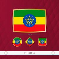 Set of Ethiopia flags with gold frame for use at sporting events on a burgundy abstract background. vector