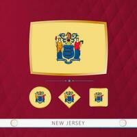 Set of New Jersey flags with gold frame for use at sporting events on a burgundy abstract background. vector