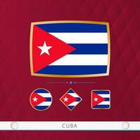 Set of Cuba flags with gold frame for use at sporting events on a burgundy abstract background. vector