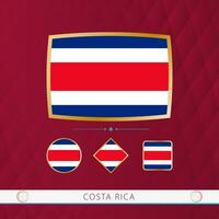 Set of Costa Rica flags with gold frame for use at sporting events on a burgundy abstract background. vector