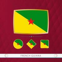 Set of French Guiana flags with gold frame for use at sporting events on a burgundy abstract background. vector