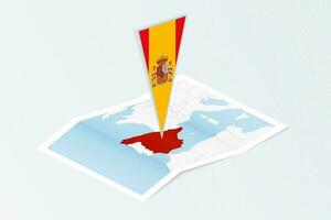 isométrica papel mapa de España con triangular bandera de España en isométrica estilo. mapa en topográfico antecedentes. vector