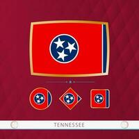 Set of Tennessee flags with gold frame for use at sporting events on a burgundy abstract background. vector