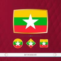 Set of Myanmar flags with gold frame for use at sporting events on a burgundy abstract background. vector