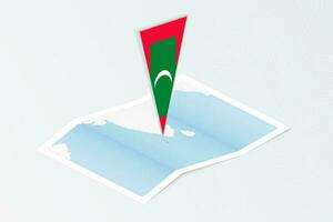 Isometric paper map of Maldives with triangular flag of Maldives in isometric style. Map on topographic background. vector