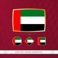 Set of United Arab Emirates flags with gold frame for use at sporting events on a burgundy abstract background. vector