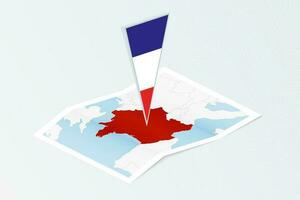 Isometric paper map of France with triangular flag of France in isometric style. Map on topographic background. vector