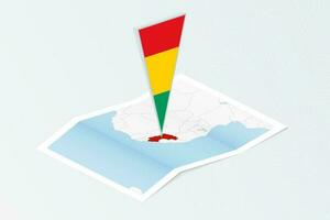 Isometric paper map of Guinea with triangular flag of Guinea in isometric style. Map on topographic background. vector