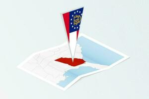 Isometric paper map of Georgia with triangular flag of Georgia in isometric style. Map on topographic background. vector