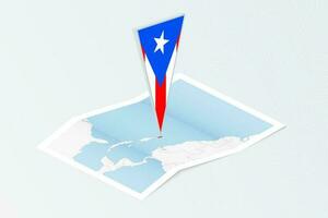 Isometric paper map of Puerto Rico with triangular flag of Puerto Rico in isometric style. Map on topographic background. vector