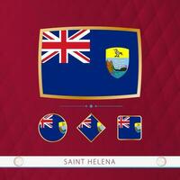 Set of Saint Helena flags with gold frame for use at sporting events on a burgundy abstract background. vector