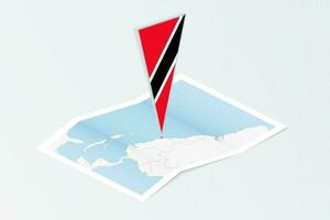 Isometric paper map of Trinidad and Tobago with triangular flag of Trinidad and Tobago in isometric style. Map on topographic background. vector