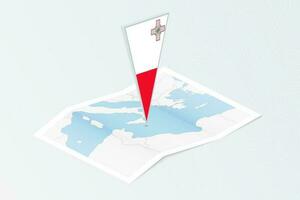 Isometric paper map of Malta with triangular flag of Malta in isometric style. Map on topographic background. vector