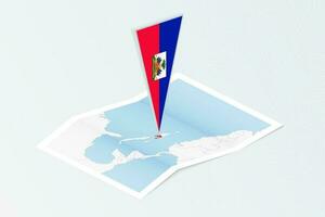 Isometric paper map of Haiti with triangular flag of Haiti in isometric style. Map on topographic background. vector