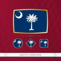 Set of South Carolina flags with gold frame for use at sporting events on a burgundy abstract background. vector