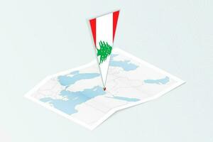 Isometric paper map of Lebanon with triangular flag of Lebanon in isometric style. Map on topographic background. vector