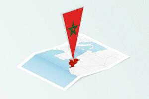 Isometric paper map of Morocco with triangular flag of Morocco in isometric style. Map on topographic background. vector