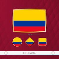 Set of Colombia flags with gold frame for use at sporting events on a burgundy abstract background. vector