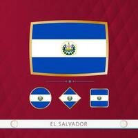 Set of El Salvador flags with gold frame for use at sporting events on a burgundy abstract background. vector