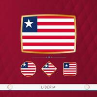 Set of Liberia flags with gold frame for use at sporting events on a burgundy abstract background. vector