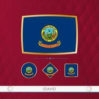 Set of Idaho flags with gold frame for use at sporting events on a burgundy abstract background. vector