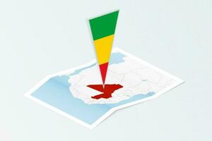 Isometric paper map of Mali with triangular flag of Mali in isometric style. Map on topographic background. vector