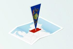 Isometric paper map of Pennsylvania with triangular flag of Pennsylvania in isometric style. Map on topographic background. vector