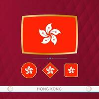 Set of Hong Kong flags with gold frame for use at sporting events on a burgundy abstract background. vector