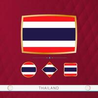 Set of Thailand flags with gold frame for use at sporting events on a burgundy abstract background. vector