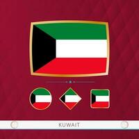 Set of Kuwait flags with gold frame for use at sporting events on a burgundy abstract background. vector