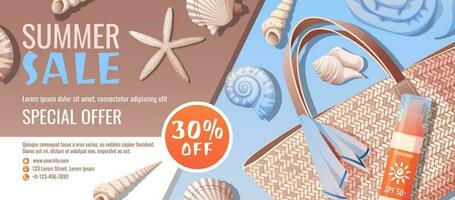 Summer banner with beach accessories. Discount coupon, special summer offer. Background, flyer with seashells, bag, sunscreen vector