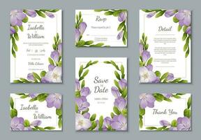 conjunto de Boda plantillas, pancartas, invitaciones para el día festivo. hermosa tarjeta postal decoración con púrpura fresia vector