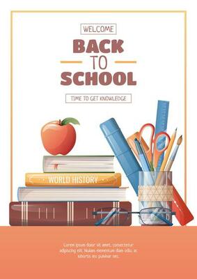 Poster template with school accessories, textbooks and stationery. Flyer design on the theme of school, education. Back to school, school time, studying. Banner, background, poster size a4.