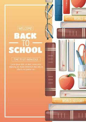 Poster template with school accessories, textbooks and stationery. Flyer design on the theme of school, education. Back to school, school time, studying. Banner, background, poster size a4.
